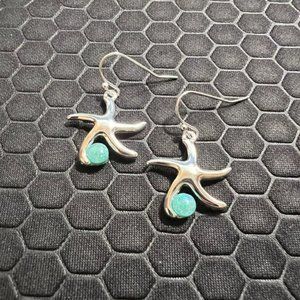 Star Fish Earring with Aqua Sea Glass Made of Sterling Silver